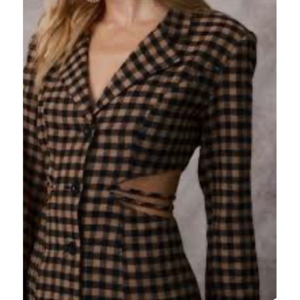 12TH TRIBE Gingham Blazer Mini Dress Tan Black Cut Out Waist Long Sleeve Small